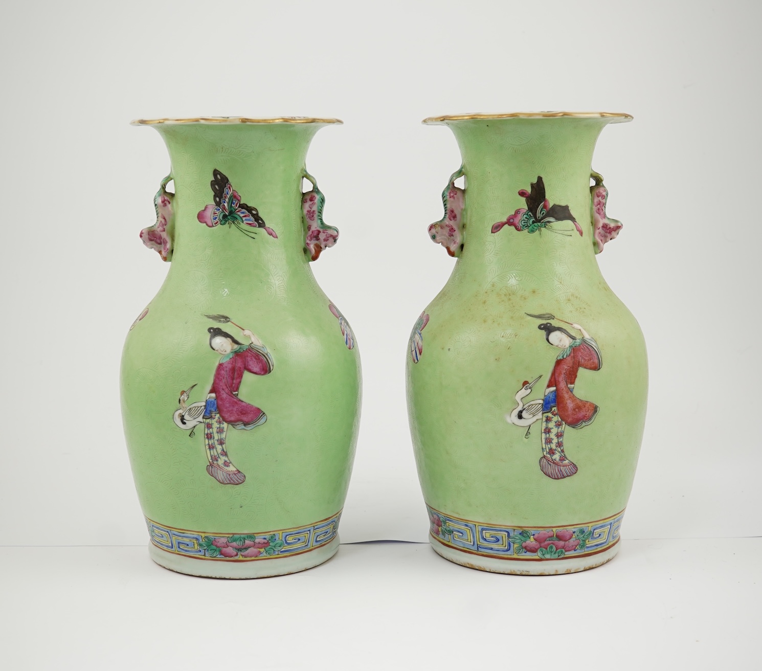A pair of Chinese lime-green sgraffito ground vases, late 19th century